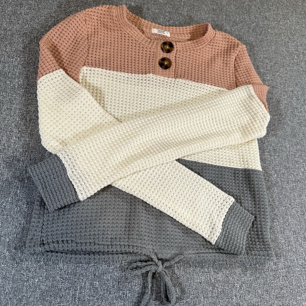 Ardene Size Small Color Block Waffle Knit Sweater Pink White Gray Button Front